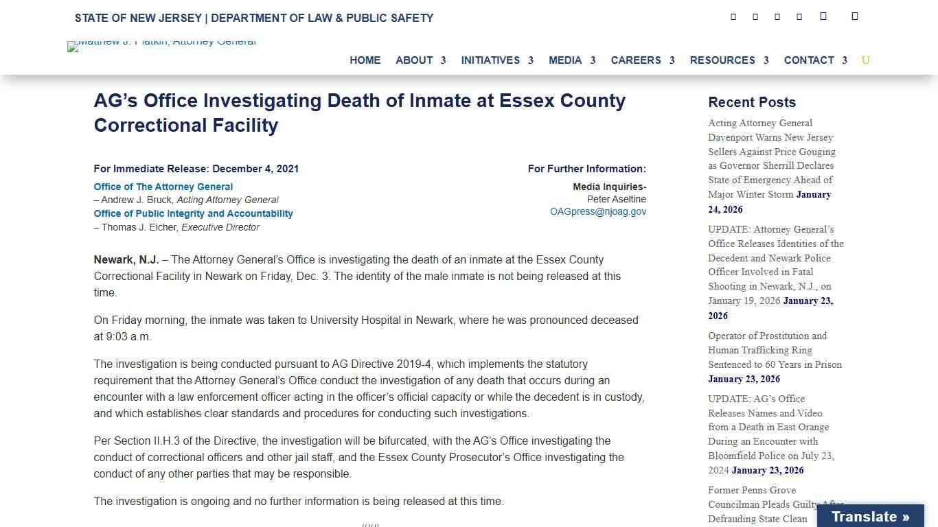 AG’s Office Investigating Death of Inmate at Essex County Correctional Facility - New Jersey Office of Attorney General